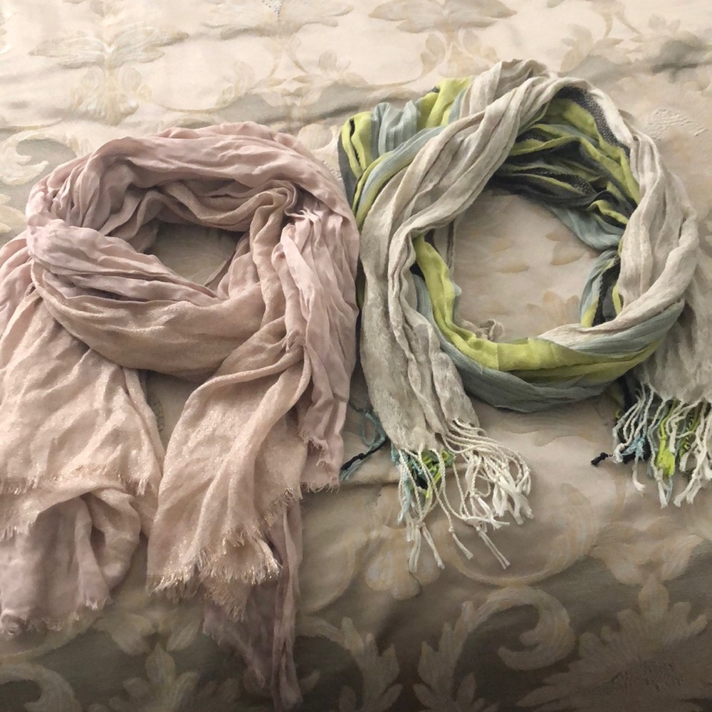 Two scarves pink and glittery and green striped